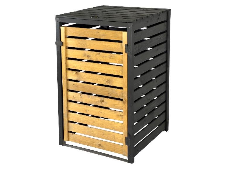 Une poubelle en bois avec un cadre noir et une porte en bois.