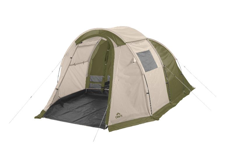 Une grande tente tunnel bicolore beige et vert olive avec une entrée ouverte.