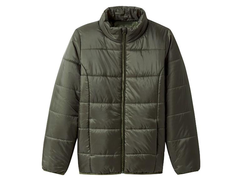 Une veste matelassée vert olive foncé avec fermeture éclair.