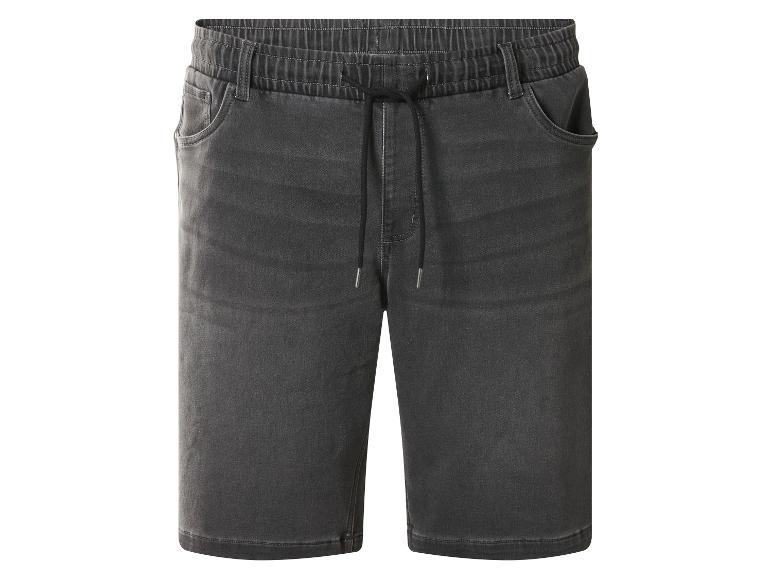 Short en jean gris foncé pour homme avec taille élastique et cordon de serrage.