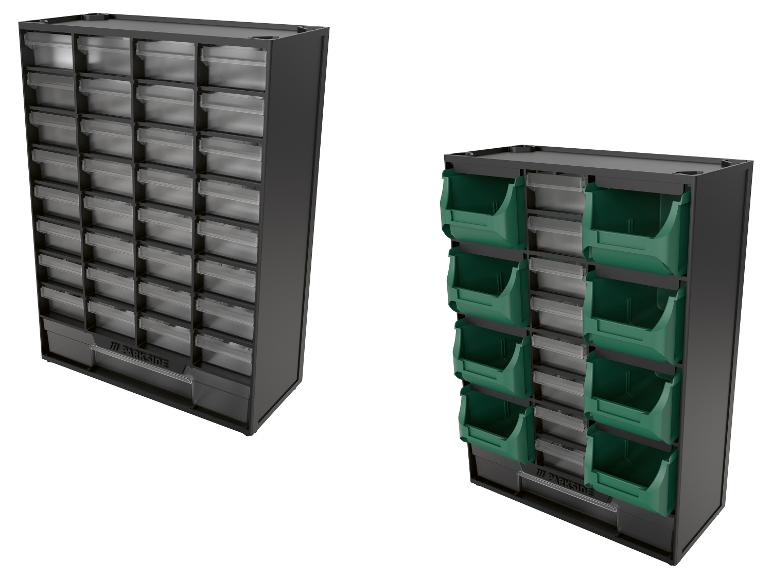 Deux organisateurs de rangement noirs, l'un avec des tiroirs transparents, l'autre avec des bacs verts.