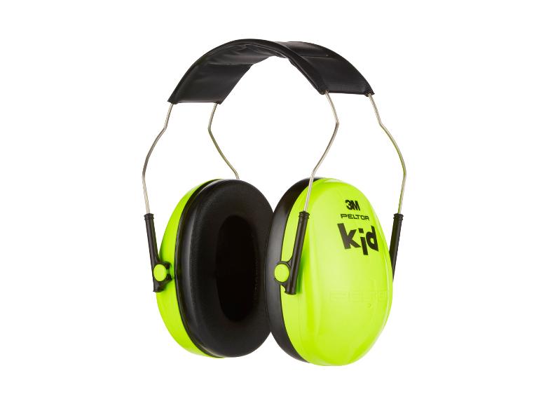 Casque anti-bruit vert vif pour enfants avec serre-tête et coquilles noires.