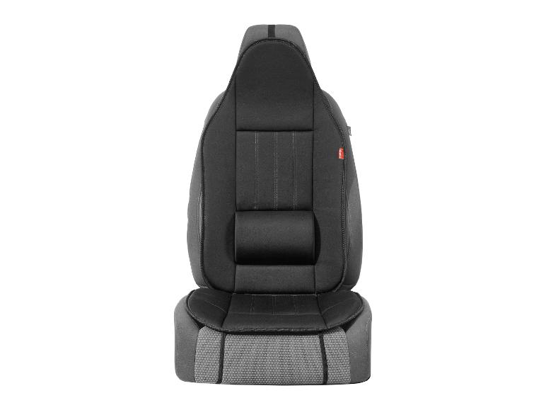 Housse de siège de voiture noire et grise avec détails cousus et coussin lombaire.
