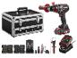 Ensemble d'outils avec perceuse-visseuse, mallette, embouts, forets et chargeur.