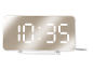 Réveil numérique moderne avec écran miroir et chiffres LED blancs.