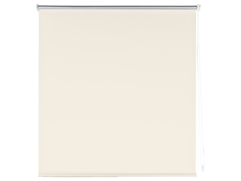 Un store enrouleur beige avec un cordon blanc.