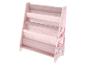 Étagère à livres rose pour enfants avec étagères en tissu et thème animaux de la forêt.
