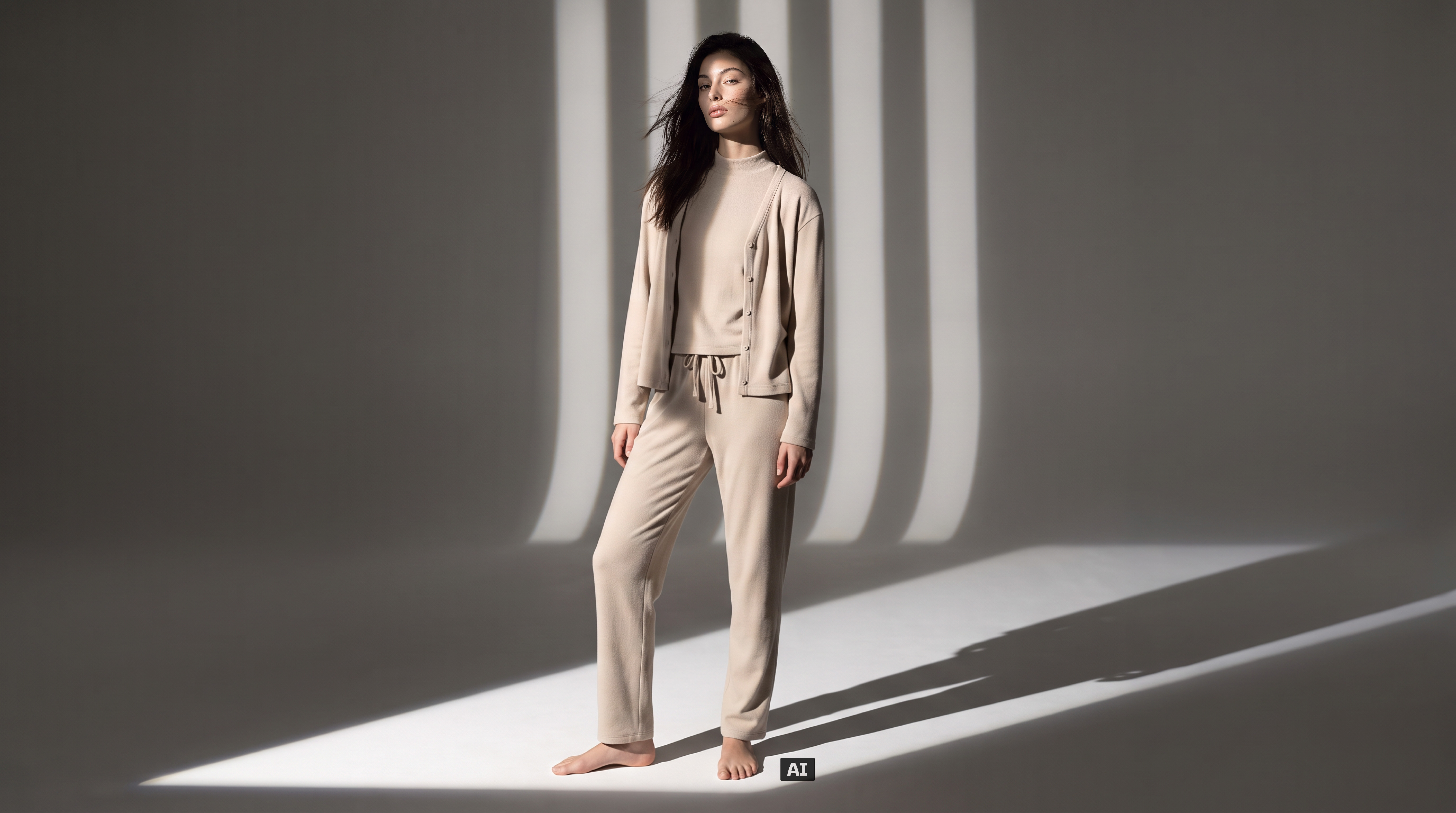 Cette image a été générée par IA : Un mannequin féminin porte l'ensemble 3 pièces de couleur beige.