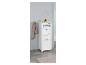 Armoire de salle de bain blanche avec quatre tiroirs et une porte en verre.