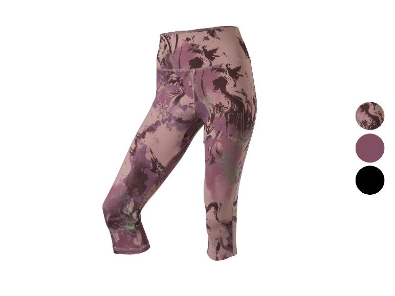 Legging court d'entraînement pour femme avec motif marbré violet et marron.
