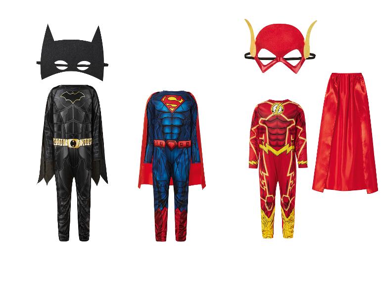 Costumes de super-héros Batman, Superman et Flash avec masques et cape.