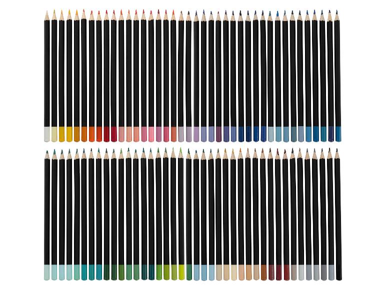 Deux rangées de crayons colorés à corps noir, classés par couleur.