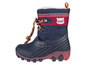 Une botte de pluie bleu marine avec des lacets orange et une semelle rose.