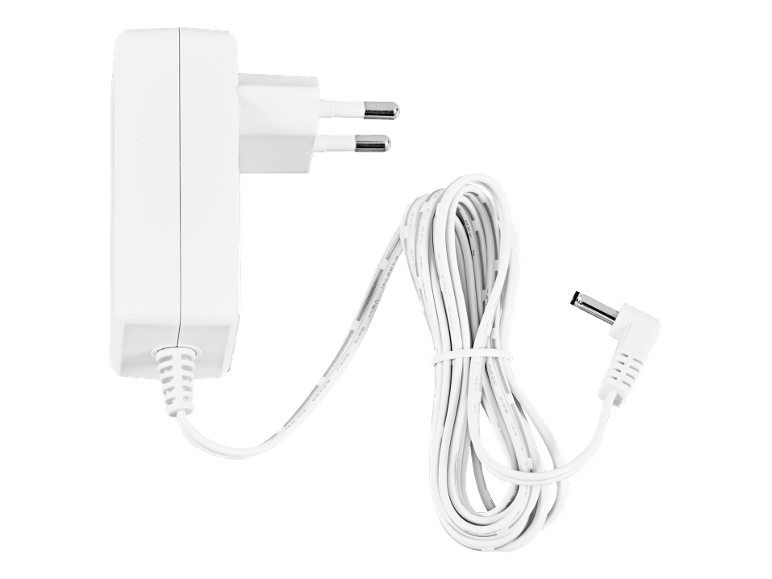 Adaptateur secteur blanc avec prise européenne et câble enroulé avec connecteur DC.