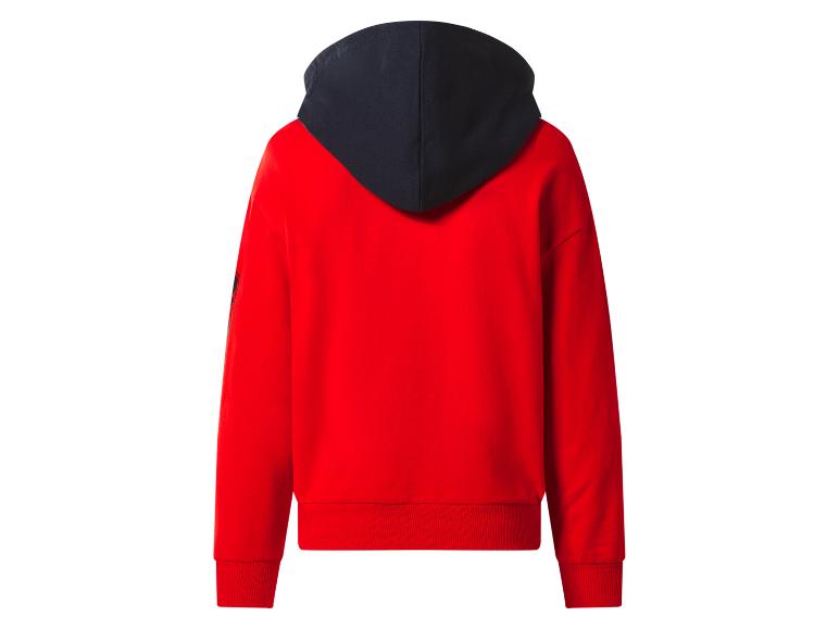 Sweat à capuche rouge avec capuche noire, vue de dos.