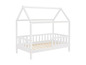 Un lit d'enfant en bois blanc avec un toit en forme de maison.