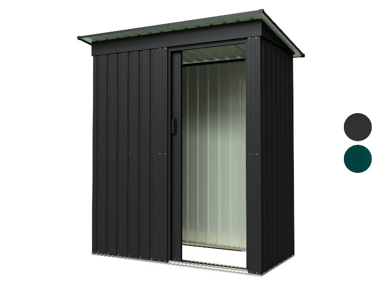 Abri de jardin métallique noir avec porte coulissante et toit vert.