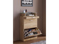 Une armoire à chaussures en bois avec des tiroirs et une étagère en verre.