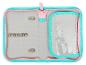 Trousse ou porte-crayons ouverte turquoise et rose avec compartiments et fermeture éclair