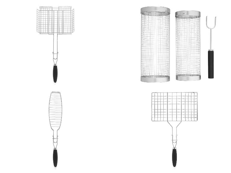 Grilles de barbecue et paniers de cuisson en métal pour grillades.