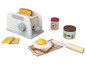 Un ensemble de jouets en bois avec un grille-pain, des toasts, un œuf, un couteau, une planche à découper et des pots de confiture.