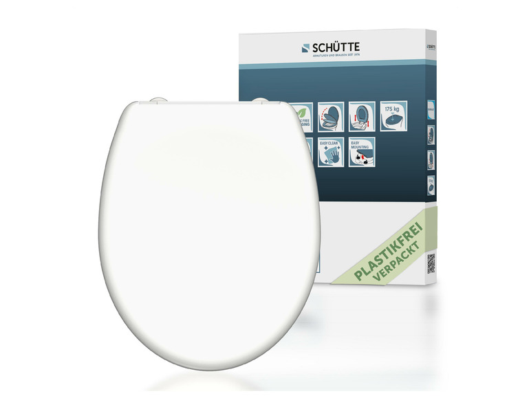 Un abattant de toilettes blanc Schütte, emballé sans plastique.