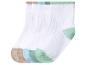 Quatre paires de chaussettes blanches avec talons et bords colorés en marron, bleu et vert.