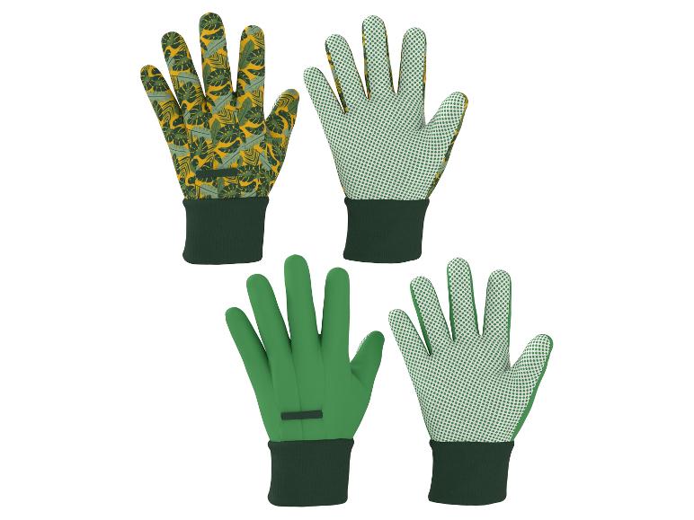 Gants de jardinage en trois motifs : feuilles, pois verts et vert uni.