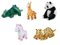 Peluches LUPILU® en forme de différents animaux comme un dragon, une girafe, un panda, une licorne et un tigre.
