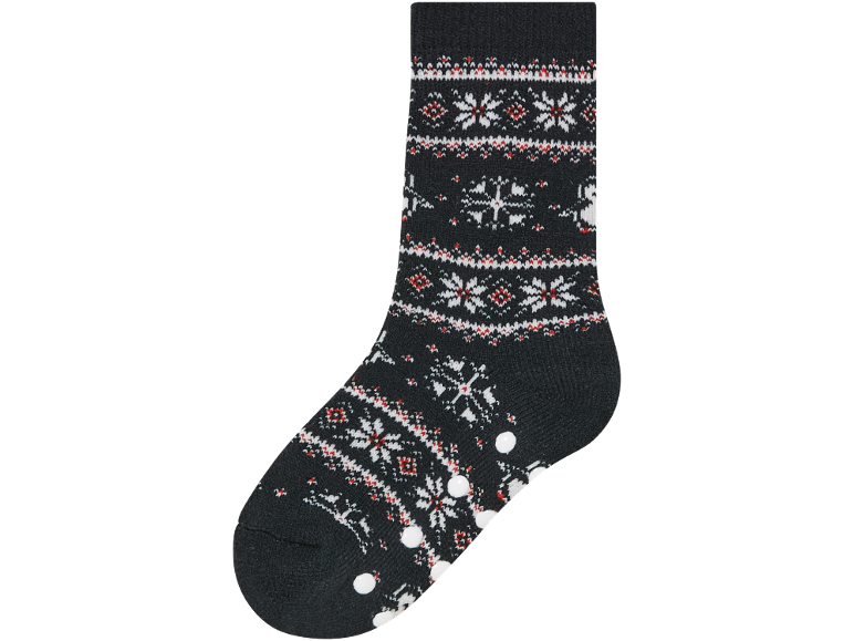 Chaussettes d'hiver à motif flocon de neige gris foncé, blanc et rouge.