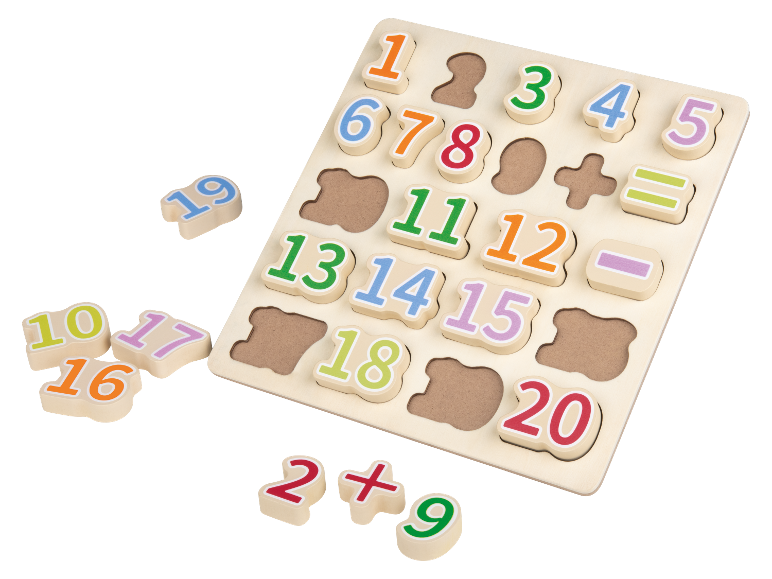 Puzzle en bois avec des nombres et des symboles mathématiques pour enfants.