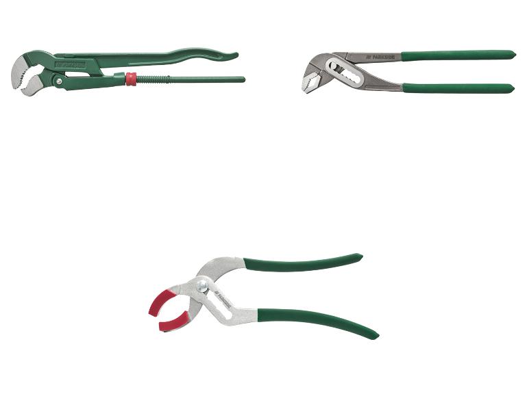 Trois clés à molette et pinces multiprises Parkside avec poignées vertes.