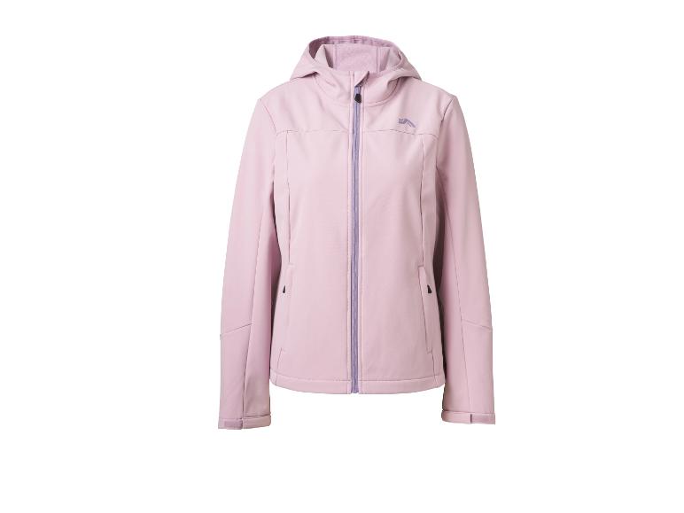 Veste softshell rose avec capuche et fermeture éclair.