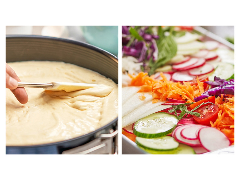 Pâte à gâteau dans un moule et une salade colorée avec du concombre, des radis et des carottes.