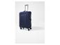 Valise de voyage bleue avec roulettes et poignée extensible.