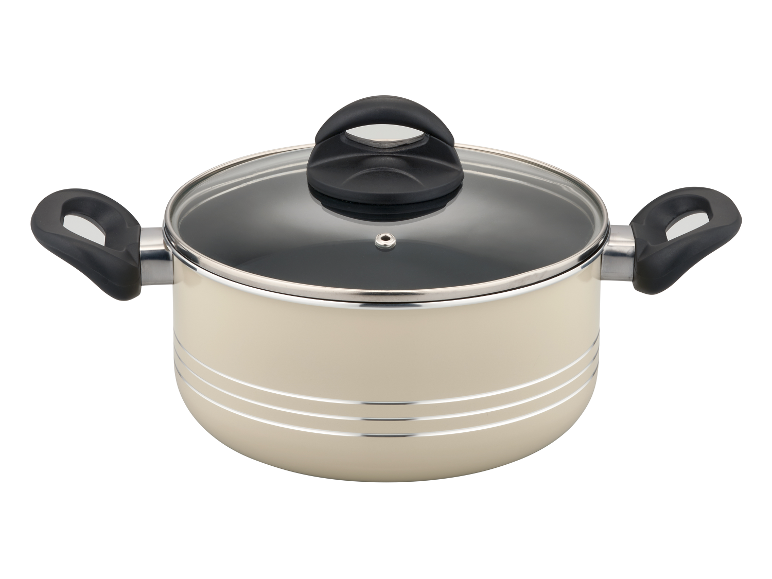 Batterie de cuisine GSW Milano Beige, casserole avec couvercle en verre et poignées noires
