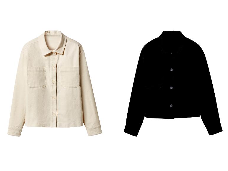 Veste beige boutonnée avec poches, à côté d'une silhouette noire de la même veste.