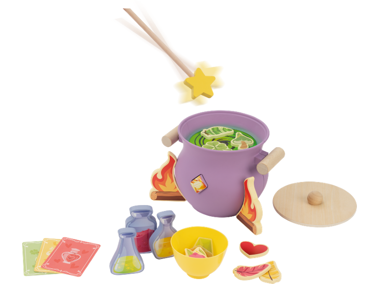 Chaudron magique jouet pour enfants avec baguette, bouteilles de potion et ingrédients.