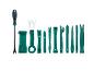 Ensemble d'outils verts en plastique pour le démontage de garnitures et un tournevis métallique.