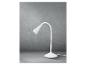 Une lampe de bureau blanche avec un bras incurvé et un abat-jour conique.