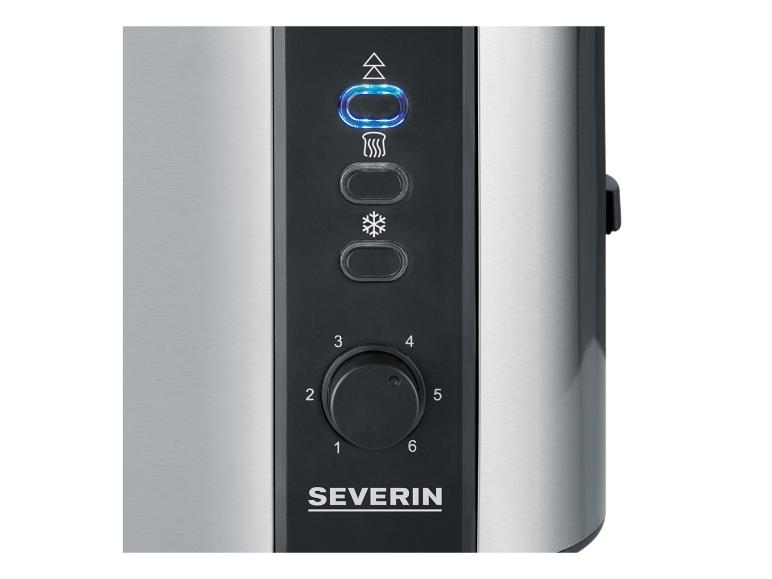 Panneau de commande du grille-pain Severin avec finition argentée, cadran et boutons lumineux.