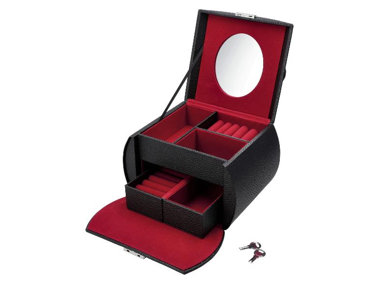 Boîte à bijoux noire ouverte avec intérieur en velours rouge, miroir et deux clés.
