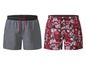 Deux shorts de bain, un gris et un rouge avec un imprimé tropical.