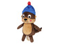 Une peluche marron avec un bonnet bleu et des roues en bois.