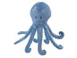 Un ourson en peluche bleu en forme de poulpe avec des points blancs.