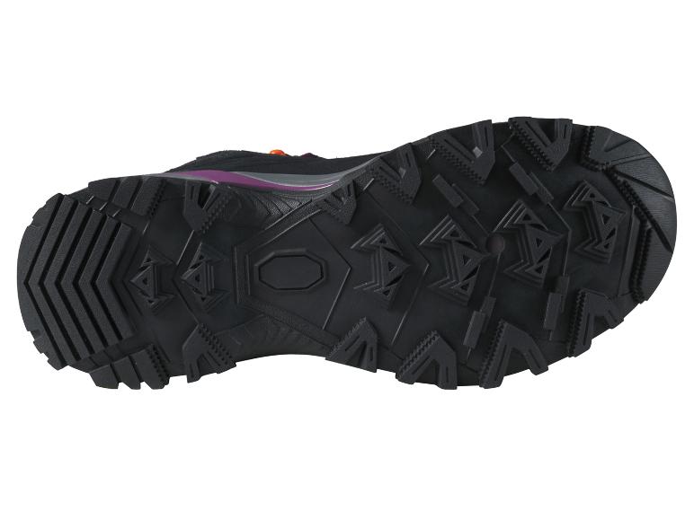 Chaussure de randonnée noire avec détails violets et orange, vue de dessous