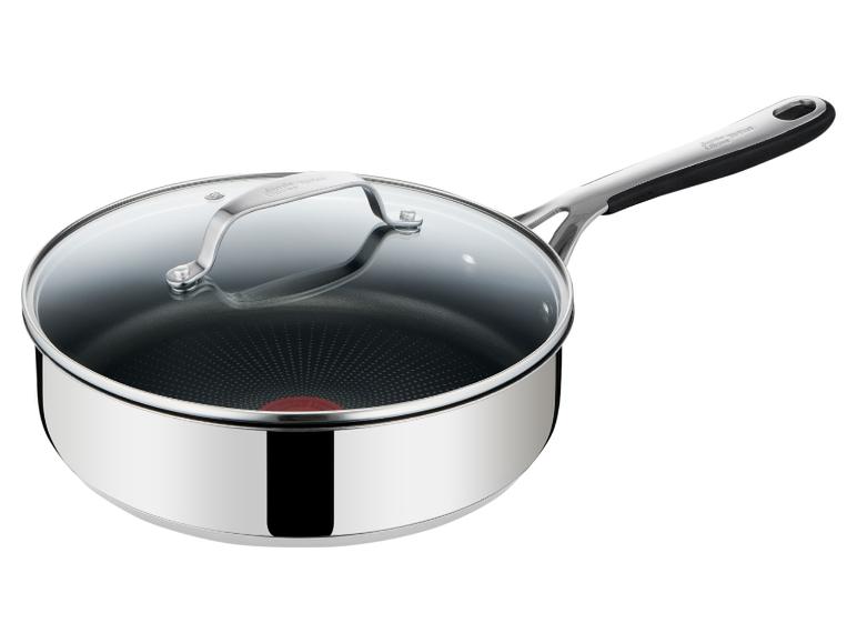 Casserole Tefal en acier inoxydable avec revêtement antiadhésif et couvercle en verre.