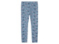 Leggings bleus avec un motif de couronnes roses et noires.