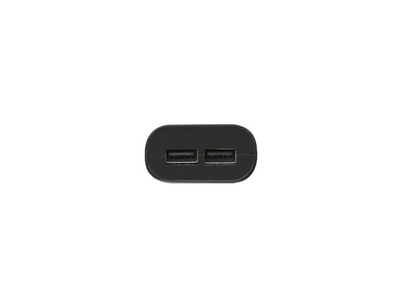 Un chargeur USB noir avec deux ports.