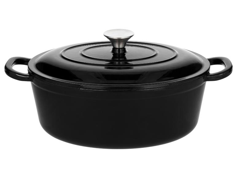 Cocotte en fonte noire avec poignées et couvercle à bouton argenté.